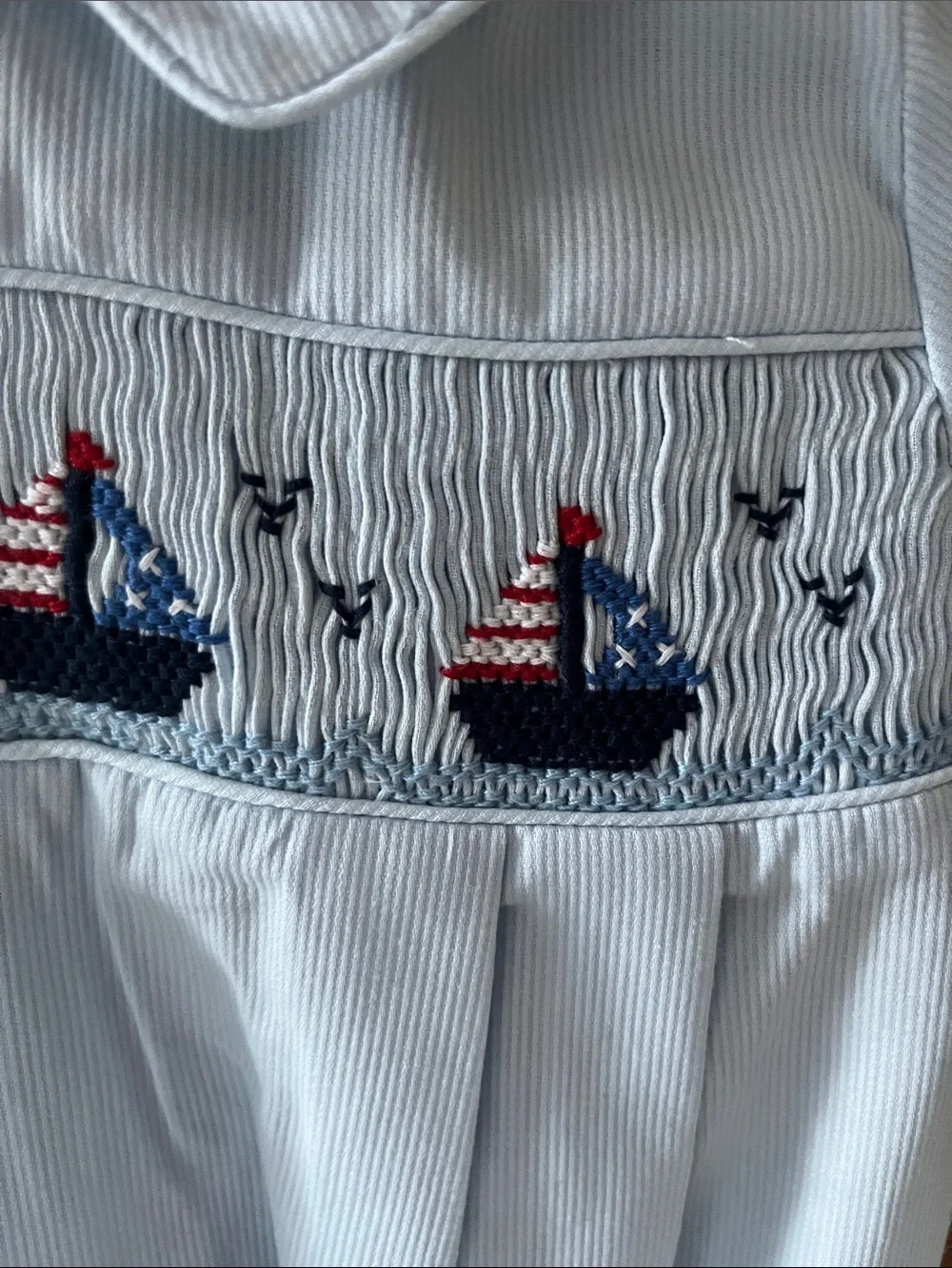 Carriage Boutique Light Blue Smocked Collar Dress with Nautical Embroidery